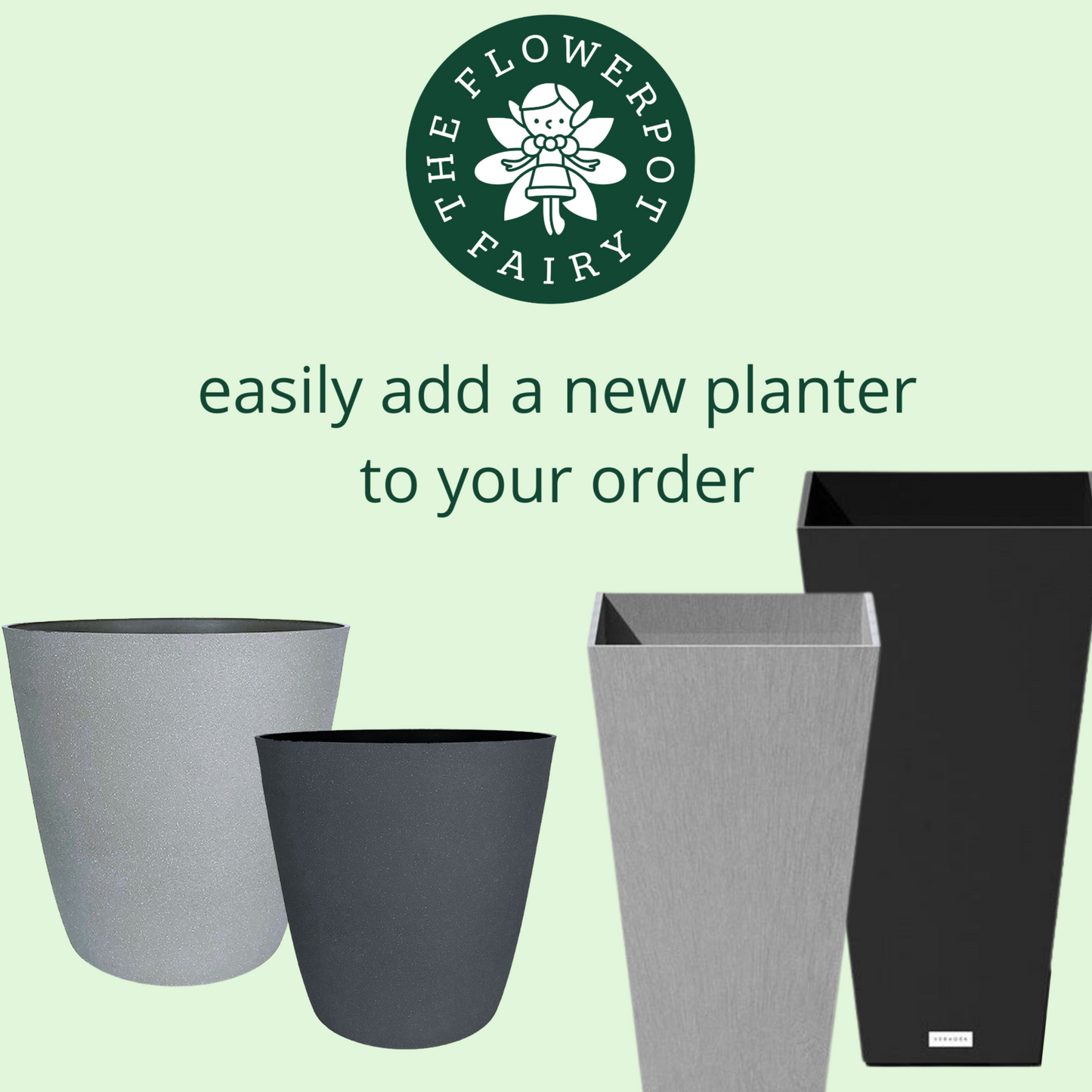 5 planters for The Flowerpot Fairy Container Gardens in Oklahoma City. Multiple colors available. 2 gray, 1 white, 2 back.